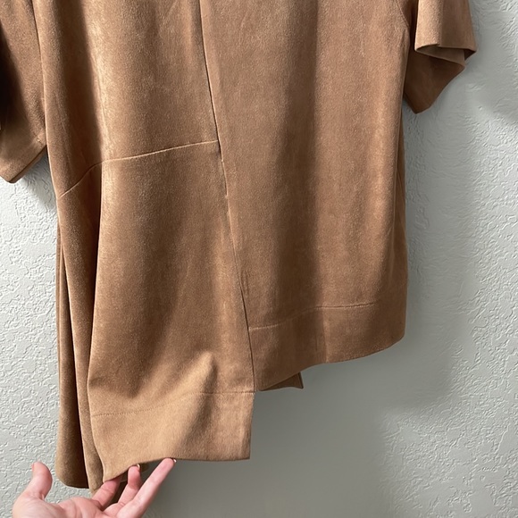 Gracia Faux Suede Asymmetrical Top Tan Draped Statement Blouse - Picture 5 of 6